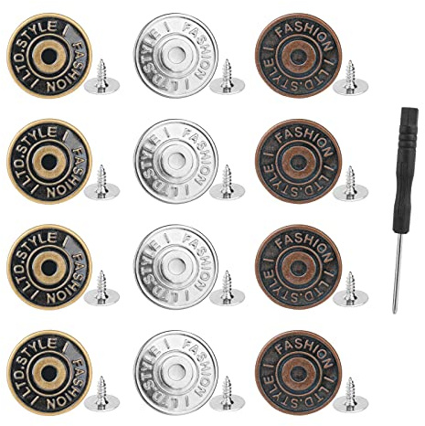 Vicloon Hosen Ersatz Knöpfe,12 Stück verstellbare Jeansknöpfe mit Schraubendreher,17 mm Button Pins Jeans mit Nieten, DIY Jeansknopf zur Reparatur von Jeans, Hose-3 Farben
