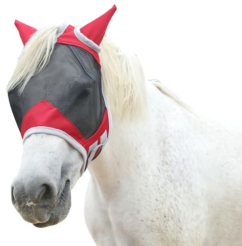 Gallopoff Fliegenmaske Pferd mit Ohren – leichtes Mesh, atmungsaktiv, UV-Schutz, weich gepolstert & bequem, verstellbar Rot Cob