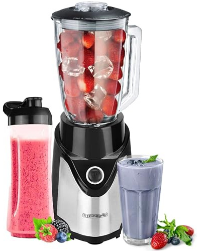 Steinborg Standmixer mit To-Go Becher | Smoothie Maker Mixer | 600 ml Glaskrug + 570 ml To-Go Becher | BPA-Frei 500 Watt | Professioneller Standmixer Blender | Zerkleinerer | 6-Fach Edelstahl Messer