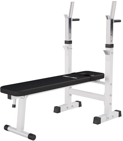 GORILLA SPORTS® Hantelbank mit Ablage - Dip-Station, Verstellbare Höhe und Neigungswinkel, Klappbar, bis 200 kg, Schwarz oder Weiß - Drückerbank, Flachbank, Multifunktion, Trainingsbank