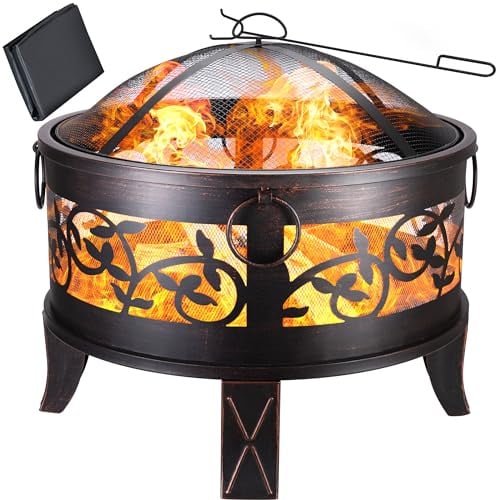 GARDEBRUK® Feuerschale mit Funkenschutz Rund Ø66cm Schürhaken Abdeckung Schwarz Modern Terrasse Garten Feuerstelle Feuerkorb Kamin Ofen Holz Grill
