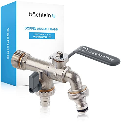Bächlein Universal Doppel Auslaufhahn für den Garten [anthrazit] inkl. 2 Schlauchanschlüssen - edler Doppelwasserhahn mit 1/2 Zoll Anschluss und 3/4 Zoll Adapter, Doppel Kugel-Auslaufventil
