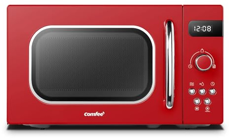 Comfee CMSRO 20 di rd Retro-Mikrowelle mit 8 Automatikmenüs, 5 Leistungsstufen, Schnellkochtaste, 20 l, 800 W, leidenschaftlich rot