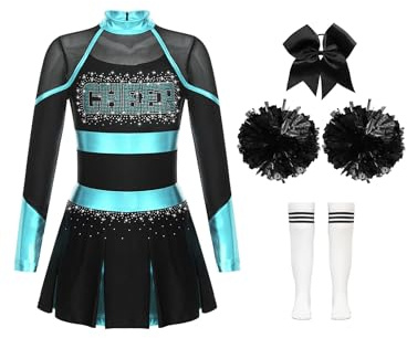 TiaoBug Mädchen Cheerleading Kleid Neckholder Tanzkleid mit Cheer Buchstaben Sport Schule Gruppentanz Outfits E Blau, Grün Weiß 146-152