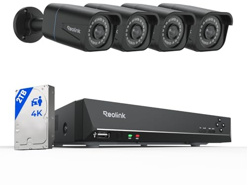 Reolink 4K PoE Überwachungskamera Aussen Set, Personen-/ Fahrzeugerkennung | 8CH Videoüberwachung mit 4X 8MP PoE IP Kamera und 2TB HDD NVR für 24/7 Aufnahme Innen Outdoor, RLK8-800B4 Schwarz