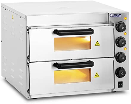 Royal Catering RCPO-3000-2PS-1 Pizzaofen elektrisch 2 Kammern Pizzabackofen Pizza Ofen Schamotte Schamotteboden (3000W, 2 Schamotte-Steinböden: 40 x 40 x 1,5 cm, Timer bis 120 min, Edelstahl)