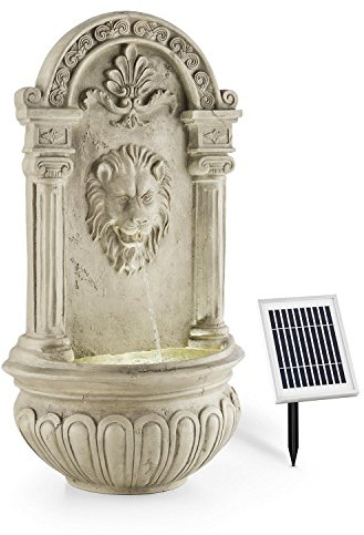 blumfeldt Löwenstein Gartenbrunnen mit LED-Beleuchtung - Löwenkopf Edition, Wandbrunnen antik, Zierbrunnen, Outdoor, Solarpanel, Akku: 2000 mAh, Dämmerungssensor, Naturstein-Optik, grau