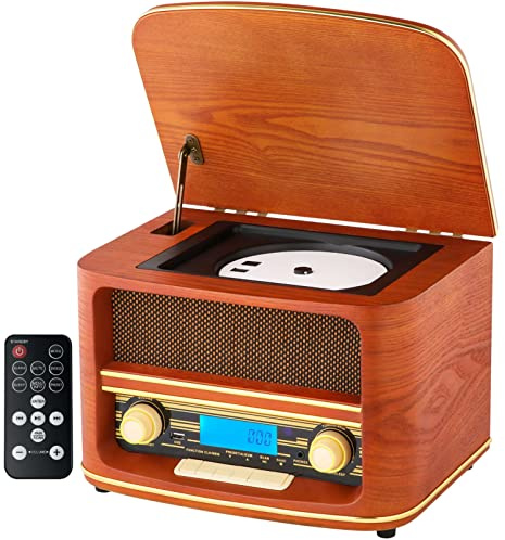 Nostalgie Kompaktanlage | Bluetooth | LCD Display | Retro Radio Holz mit CD Player | USB | Musikanlage Retro Style | Stereoanlage | Fernbedienung | Küchenradio | Vintage Optik |