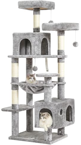 MSmask Kratzbaum groß, L Katzenbaum Stabil, Katzenkratzbaum mit 2 Plattformen, 2 Katzenhöhlen, Hängematte, Sisalsäulen, mehrstöckiger Kletterbaum für Katzen (Hellgrau, 160 cm)