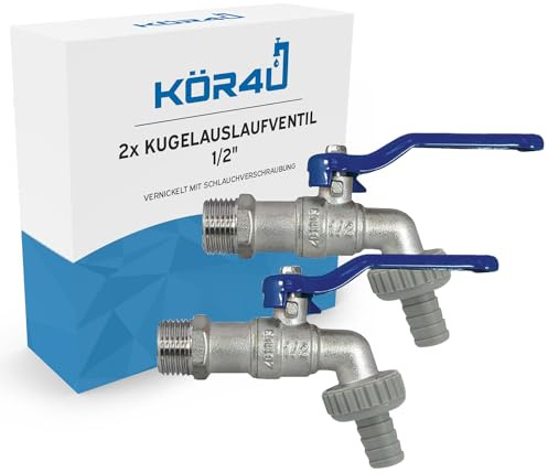 kör4u 2x Kugelauslaufventil 1/2 Zoll, Messing vernickelt, Schlauchanschluss