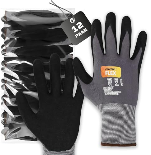 Covent Flex Arbeitshandschuhe Herren Gr 9 (12-er Set) - Montagehandschuhe Kategorie II - EN388 Bauhandschuhe für Bauherren, Mechaniker und Monteure