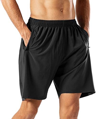 HMIYA Herren Sport Shorts Schnell Trocknend Kurze Hose mit Reißverschlusstasch (Schwarz,L)