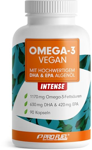 Omega-3 vegan INTENSE - 90 Kapseln - 2000 mg Algenöl pro Tag - hochdosiert mit 630mg DHA + 420 mg EPA - vegane Omega-3 Algenöl Kapseln - DHA:EPA Verhältnis 3:2 - laborgeprüft mit Analyse-Zertifikat