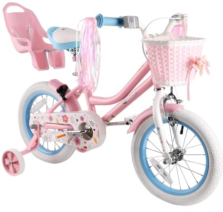 RULLY Daisy Kinderfahrrad für Mädchen von 2-7 Jahren, 12 14 16 Zoll Prinzessinnenfahrrad mit Puppensitz, Stützrädern, Korb und Streamern, Kinderfahrräder