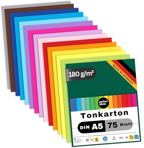 perfect ideaz 75 Blatt Tonkarton DIN-A5, 15 Farben, 180 g/m², made in Germany, Blauer Engel zertifiziert (15 Farben)
