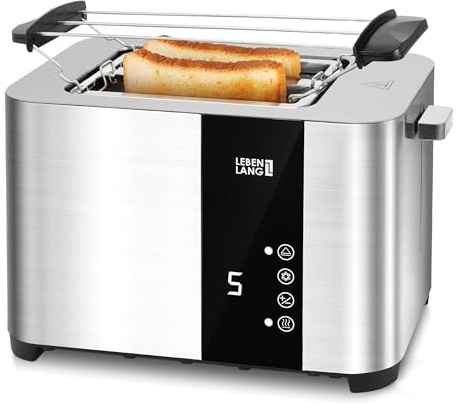 LEBENLANG Edelstahl Toaster mit Brötchenaufsatz 2 Scheiben - Touchscreen LED Display & 7 Stufen I 850W 2er Toster mit Display I Für Küche Haushalt & Camping Campingtoaster I Bread Toasters