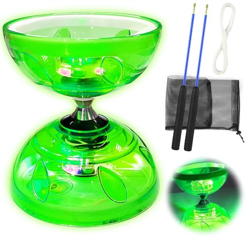 Diabolo Freiläufer mit kugellager Dreifache Lagerung Set, 4,5mm Diabolo Leuchtend im Dunkeln Freizeitsport Jonglierspielzeug mit Handstäben für Erwachsene (Grün)