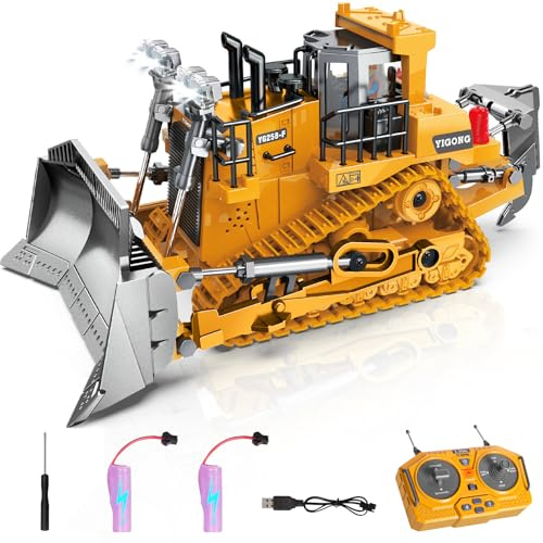 Ferngesteuerter Bulldozer, 9-Kanäle Metall RC Baufahrzeug Spielzeug | Licht Sound, Ferngesteuertes Planierraupe Spielzeug Geschenk für Kinder Jungen Mädchen 4–12 (2.4 GHz)