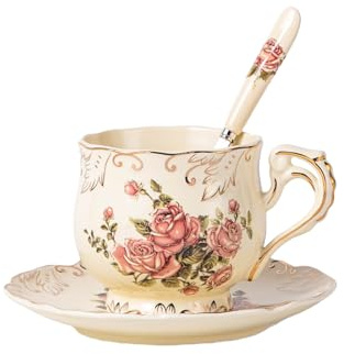 YOLIFE Englisches Vintage-Tassen- und Untertassen-Set, Teetasse und Untertassen-Set aus Keramik, rosa, mit Blattgoldrand, Porzellan, Kaffeetasse, 220 ml
