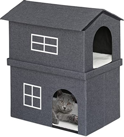Relaxdays Katzenhaus aus Stoff, Katzenhöhle mit 2 Eingängen, dunkelgrau | HxBxT: 71,5 x 62,5 x 44 cm, faltbare Tierhöhle