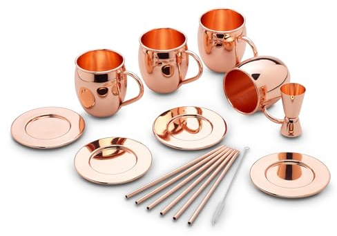 ECHTWERK Moscow Mule Becher Set 13 tlg – 4×500 ml Edelstahlbecher in Kupferoptik mit Untersetzern, Strohhalmen & Messbecher – rostfrei, geschmacksneutral & langlebig für Cocktails & Longdrinks