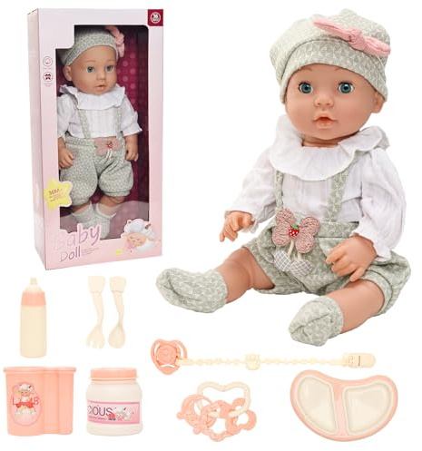 Miunana Babypuppe 40 cm Puppe in süßer Puppenkleidung Niedliches Outfit Hut Socken, ohne Haare 16 Zoll Puppen mit Schnuller Besteck Spielzeug Zubehör für Kinder ab 3 Jahren