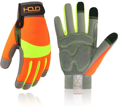 HANDLANDY Anti-Vibrations-Arbeitshandschuhe für Herren und Damen, gepolsterte Touchscreen-Arbeitshandschuhe, für Mechaniker, Bauarbeiter, Autofahrer, Werkzeuganwender (Hi-vis Orange, XL)