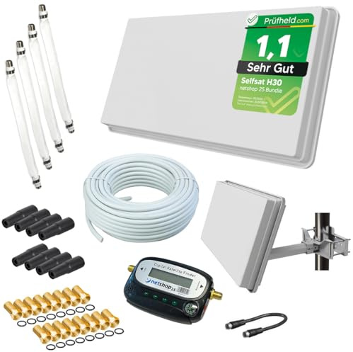 Sat Flachantenne mit Quad LNB - HD Sat-Anlage für 4 TV - Selfsat H30D4+ kompakte Antenne inkl. Fensterhalterung, 50 m Koaxialkabel, SAT-Finder & Zubehör-Set - Starke Empfangsleistung für netshop 25