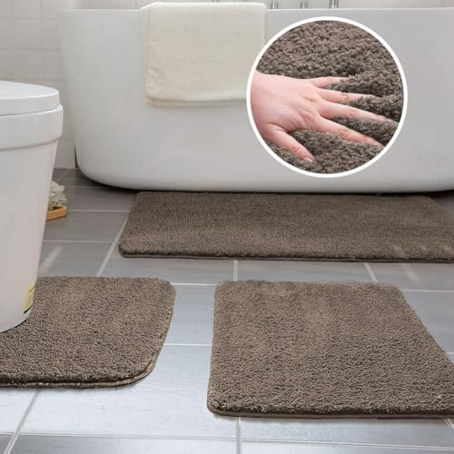 Ceneco Badezimmerteppich Set,Mikrofaser rutschfest Badematte,U-Form Badteppich,Waschbar Badgarnitur 3 Teilig, Klein Badematten & Badteppiche (Kaffee,U40x50_50x60_50x80cm)
