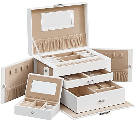 SONGMICS Schmuckkästchen 3 Ebenen, Schmuckkasten mit 2 Schubladen, Schmuckschatulle mit tragbarer Mini-Box für Reisen, mit Griff, abschließbar, Schmuckaufbewahrung, Geschenkidee, weiß JBC121W