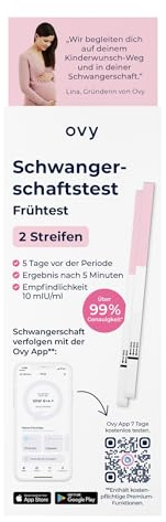 Ovy® Schwangerschaft Frühtest | HCG Test 2 Streifen | Schwangerschaftstest mit 99,9% Genauigkeit bereits 5 Tage vor der Periode