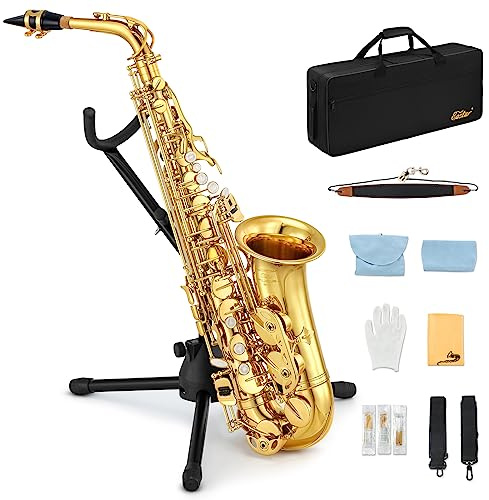 Eastar Altsaxophon für Studenten, E-Flat, Goldlack, Altsaxophon für Anfänger, komplettes Set mit Saxophonkoffer, Mundstückriemen, Schilfständer, AS-Ⅱ