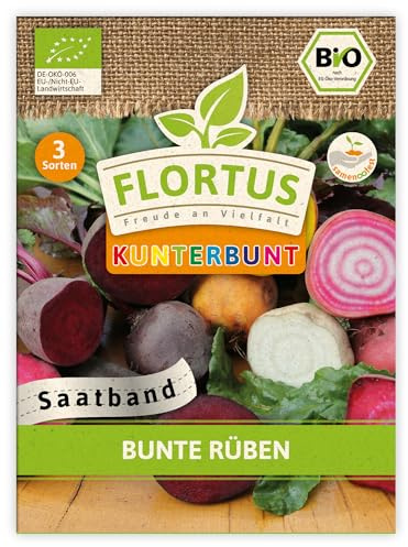 FLORTUS Bunte Rüben Saatband | 3 BIO Saatbänder für den Anbau | Saatgutmischung für rot, weiß, rot-weiß, und gelb Rüben