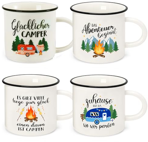 Rhdekoein Camping Tasse Becher zum Campen Ausrüstung Geschenke für Camper Familie Womo-Bewohner Freunde Deko für Wandern Wohnwagen Wohnmobil Ausflüge 4 Stück