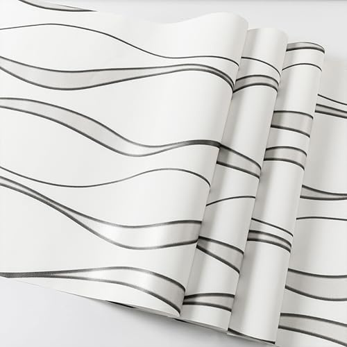 Swehooirt 0,53m x 9,5m Tapete Weiß Vliestapete Modern Minimalistisch Tapeten mit 3D Streifen Muster Silber Leicht Glänzend - Streifentapete Wanddekoration in Wohnzimmer Schlafzimmer küche Flur