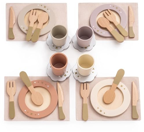ROBOTIME 29Pcs Holzgeschirr-Set für Kinder, Spielgeschirr Kinderküche Zubehör, Montessori Küchenzubehör, Küchenutensilien für Rollenspiel, Holz Spielzeug Geschenk für Mädchen und Jungen 3-8
