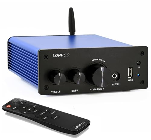 LONPOO Hifi-Verstärker 200W with Bluetooth, Optical, COAX, USB, AUX-Eingang, 2 Kanal Audio L/R-Ausgang fur Lautsprecherkabel, TPA3116 Amp Chip, Fernbedienung