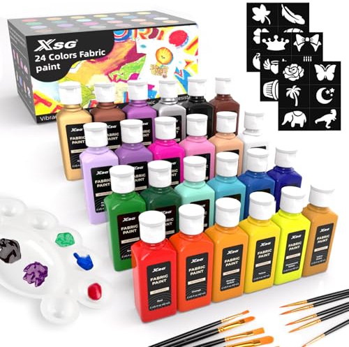 XSG Textilfarbe Waschmaschinenfest-24 Farben Set x 60ml-Acryl Stoffmalfarben Permanente und Waschfest für adult auf T-Shirt, Schuhe, Jeans, Tasche, Kleidung,mit 10 Pinsel,Vorlagen