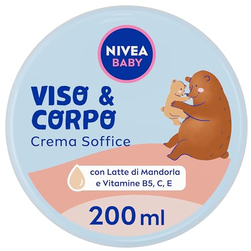NIVEA Baby, Gesichts- & Körpercreme, weich, 200 ml, feuchtigkeitsspendende und pflegende Baby-Körpercreme, Gesichtscreme für Neugeborene mit Mandelmilch und Vitaminen, Baby-Körpercreme gegen