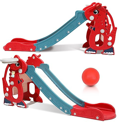 Joparri Kinder Rutsche Faltbar Kinderrutsche Stabil Gartenrutsche mit Basketballkorb und Armlehnen, Kinder Fun-Slide mit Englisch Frühbildungsgerät, Indoor & Outdoor Kleinkinderrutsche, Rot