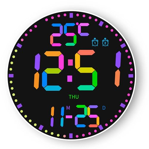 Groß Wanduhren Digital Rund, 30 cm/11.6 LED Bildschirm, 12 RGB-Farben, Große Digitale Wanduhr mit Fernbedienung, LED Wanduhren, Automatische Helligkeit, Wecker