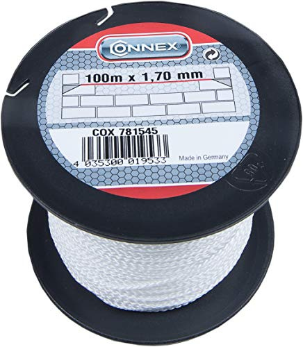 Connex Maurerschnur weiß - 100 m Länge - Ø 1,7 mm - Polypropylen geflochten - Knotenfest - Reißfest & Belastbar - Auf Spule / Richtschnur / Bauschnur / Lotschnur / Pflasterschnur / COX781545