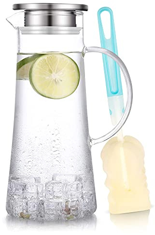 SUSTEAS 1.5 Liter Glaskaraffe, Karaffe mit Deckel, Eistee Krug Wasserkrug heißes kaltes Wasser Eistee Wein Kaffee Milch und Saft Getränkekaraffe wasserkaraffe