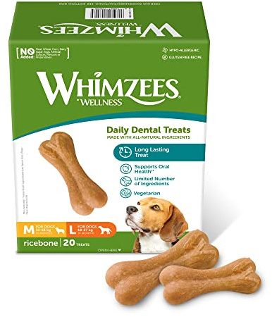 WHIMZEES Reisknochen M/L, 20 Stück – Größe M/L, Kaustangen für mittelgroße und große Hunde zur Zahnpflege, Getreidefrei, Natürlich, ohne Zuckerzusatz