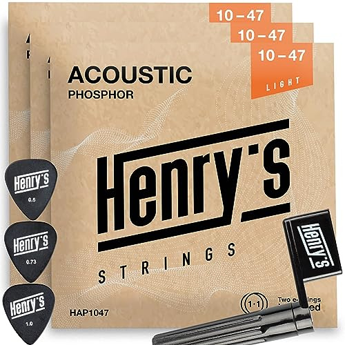 3-Pack Light Gitarrensaiten für Westerngitarre - Gitarrensaiten für Akustikgitarre 10-47 - Extra 3xE1-Saite & 3xPlektren & Saitenkurbel - Phosphorbronze Saiten für Westerngitarre