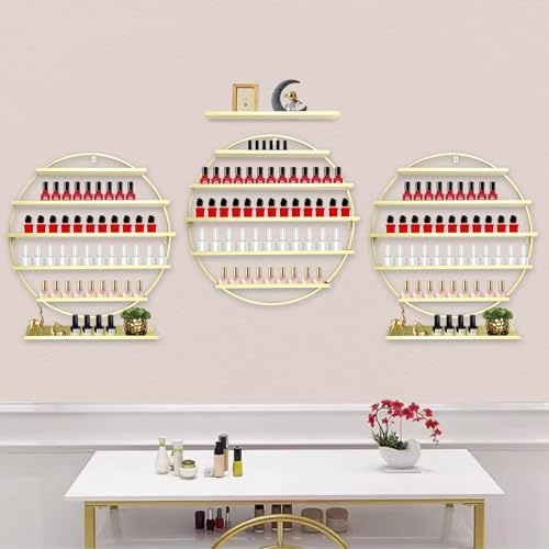 Shiyinge 5-Etagen Runde Nagellack Wandhalterung Nagelsalon Lagerung Rack Display Stand Wandregal NagellackstäNder Metall Regal Aufbewahrung StäNder Aufbewahrungsregal Wand Organizer Halter (Golden)