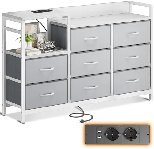 ODK Kommode mit schubladen, mit 2 USB und Steckdosen, 8 Stoffschubladen | Sideboard, Kommode Schlafzimmer, Kommode Wohnzimmer, Kommode Hellgrau, Stoff, Hellgrau, 132 x 30 x 88 cm