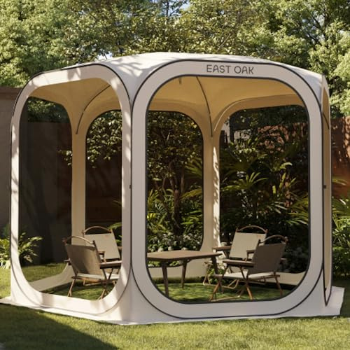 East Oak Pop Up Zelt, Pavillon 3×3m, Wurfzelt Große für 4-6 Personen, Gazebo für Camping, Garten, Terrasse, Stoffe Wasserdicht, UPF 50+ UV Schutz, 360° Belüftung, Anti Moskito, mit Tragetasche, Beige