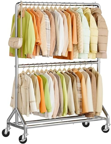 MISSLO Schwerlast Kleiderständer auf Rollen, 127 cm Breit Doppelter Kleiderstange, Stabile Garderobenständer Industrie mit 2 Stangen für Hemden, Mäntel, Jacken, Kommerzieller (Silber)