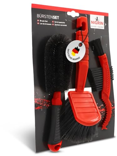 NIGRIN Bike Care Fahrrad-Reinigungsbürstenset, große Waschbürste für flächige Reinigung, Felgenbürste für Felgen, Speichen, Laufräder und Naben, Zahnkranzbürste für Kettenblätter schwarz-rot 3 teilig